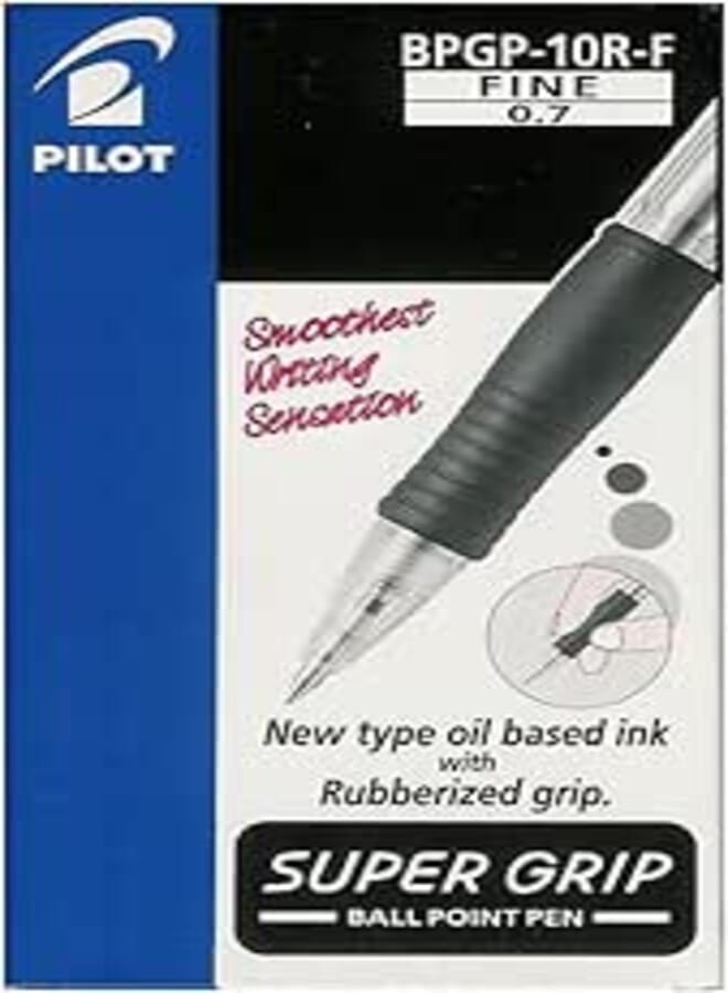 Pilot BPGB-10R-F Super Grip Retractable Ballpoint Pen, Black, 0.7 mm Tip, Pack of 12